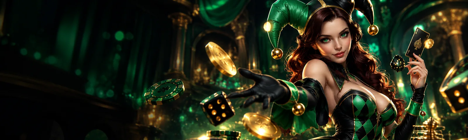Jokabet VIP club — jester croupier holding an ace at a gold table